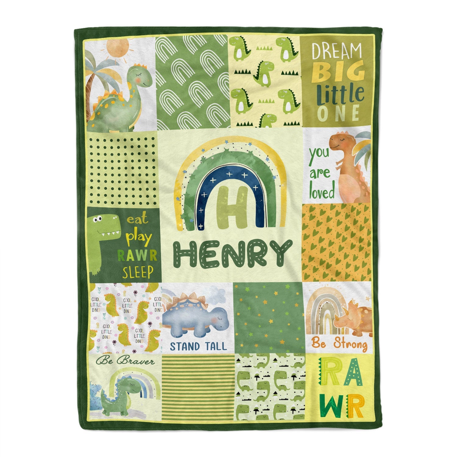 Green Dinosaur Rainbow Baby Kids Blanket With Personalized Name, Awesome Gift For Son, Grandson