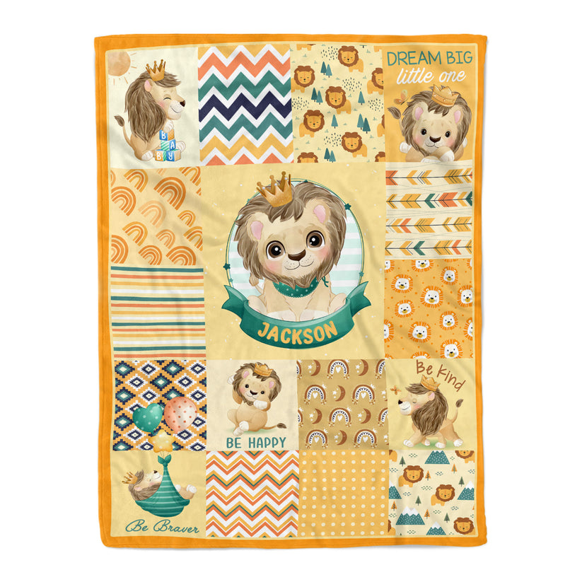 Lion Dream Big Little One Baby Kids Blanket With Personalized Name, Awesome Gift For Son, Grandson