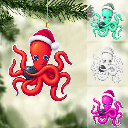 Personalized Bowling Christmas Ornament, Octopus Holding Bowling Ball, Custom Ornament Christmas Gift, Keychain Bowling, Car Ornament Bowling