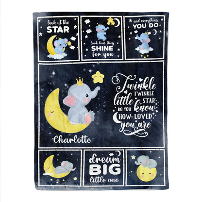 Elephant Starry Night Sky Baby Kids Blanket With Personalized Name, Awesome Gift For Son, Grandson