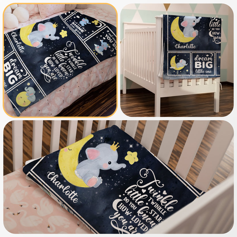 Elephant Starry Night Sky Baby Kids Blanket With Personalized Name, Awesome Gift For Son, Grandson