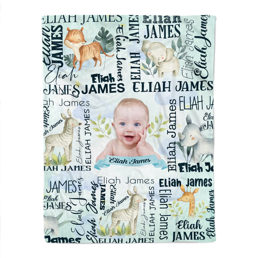 Cute Animals Forest Baby Kids Blanket With Personalized Name And Photo, Awesome Gift For Son, Grandson