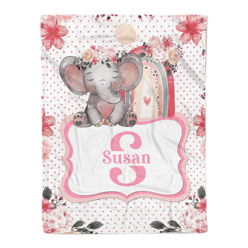 Elephant Pink Flowers Baby Kids Blanket With Personalized Name, Awesome Gift For Daughter, Granddaughter