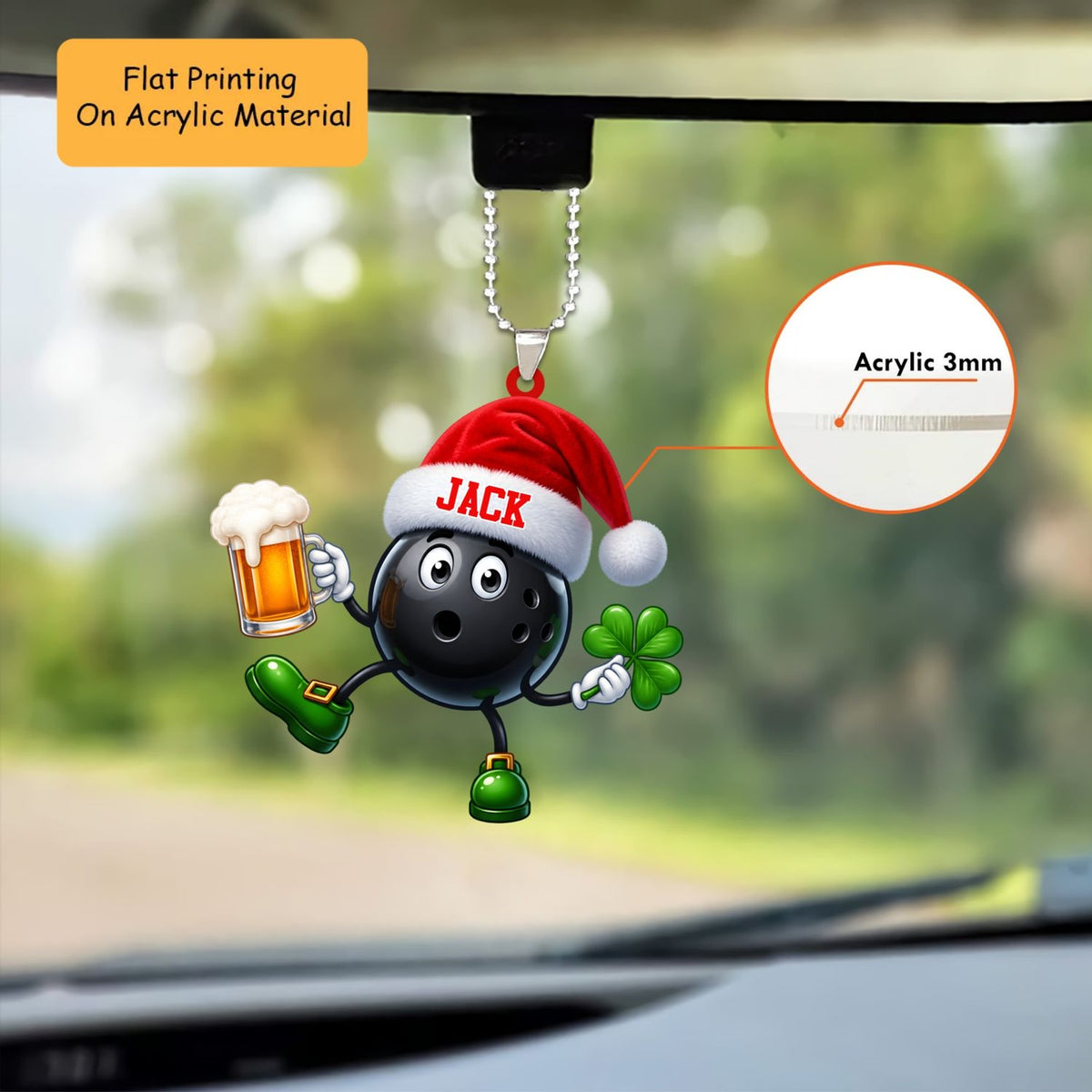 Personalized Lucky Bowler Christmas Ornament, Black Ball With Beer And Clover, Custom Ornament Christmas Gift, Keychain Bowling, Car Ornament Bowling