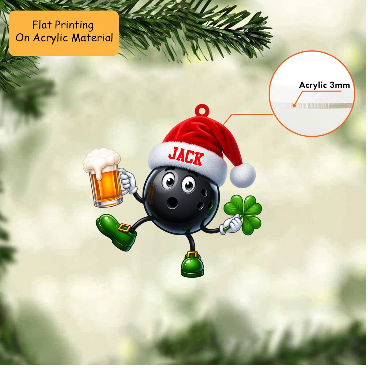 Personalized Lucky Bowler Christmas Ornament, Black Ball With Beer And Clover, Custom Ornament Christmas Gift, Keychain Bowling, Car Ornament Bowling