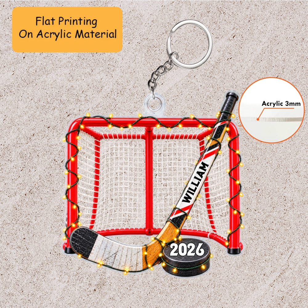 Personalized Ice Hockey Christmas Flat Printed Acrylic Ornament, Ice Hockey Goal With Hockey Stick And Hockey Puck, Custom Ornament Christmas Gift, Keychain Ice Hockey, Car Ornament Ice Hockey