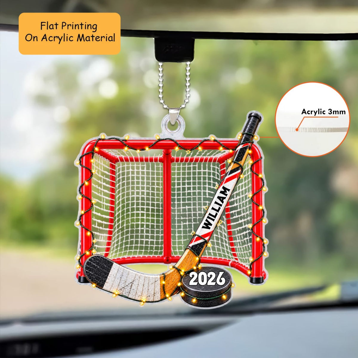 Personalized Ice Hockey Christmas Flat Printed Acrylic Ornament, Ice Hockey Goal With Hockey Stick And Hockey Puck, Custom Ornament Christmas Gift, Keychain Ice Hockey, Car Ornament Ice Hockey