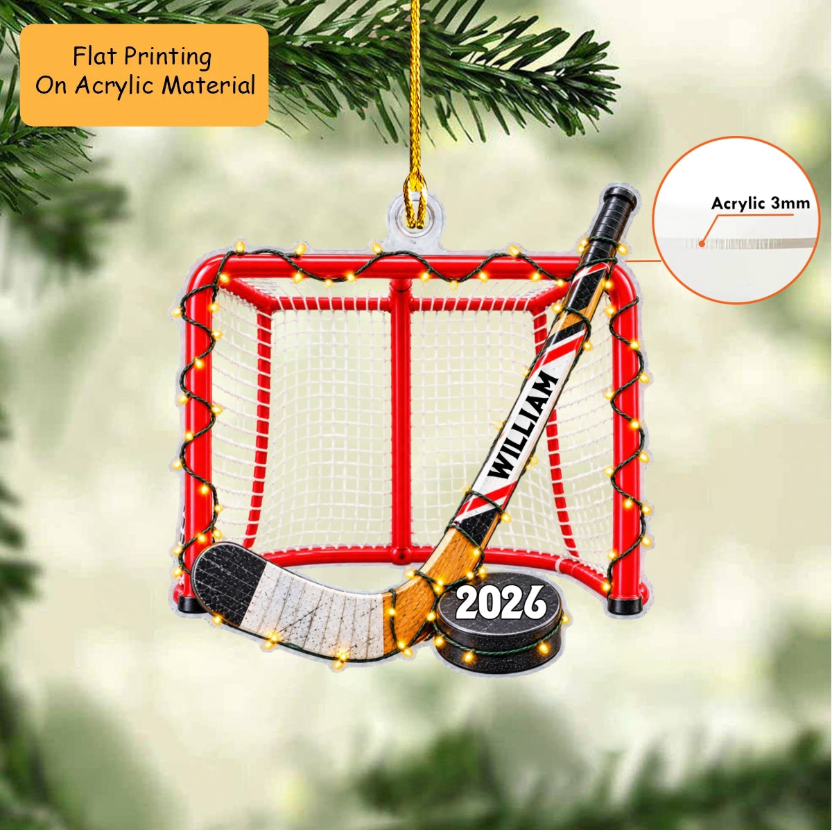 Personalized Ice Hockey Christmas Flat Printed Acrylic Ornament, Ice Hockey Goal With Hockey Stick And Hockey Puck, Custom Ornament Christmas Gift, Keychain Ice Hockey, Car Ornament Ice Hockey