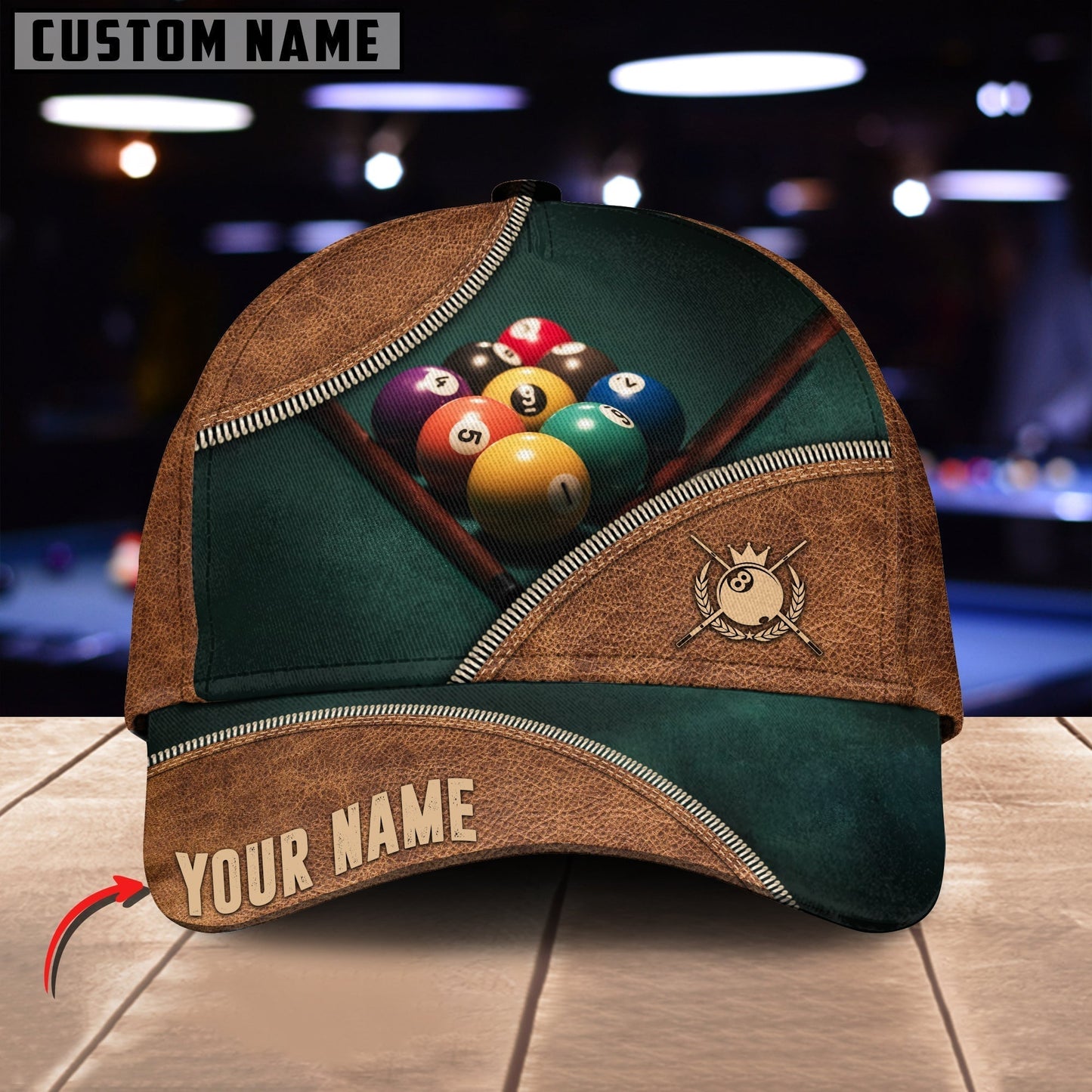 Customized Billiard Cap, Billiard Pool Brown N Gr Customized Name 3D Hats, Best Billiard Pool Hat For Billiard Players