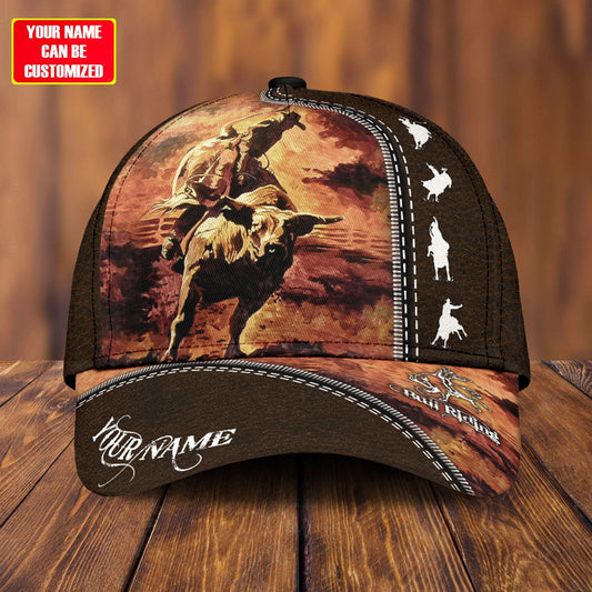 Customized Rodeo Baseball Caps Hat, Bull Riding Brown Pattern Baseball Caps, Best Hat Gift For Rodeo, Bull Riding