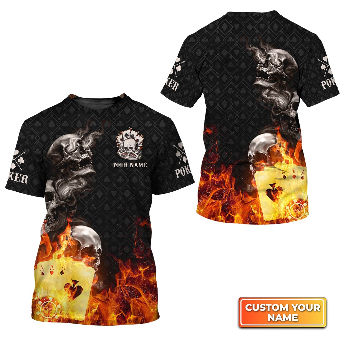 Customized Poker Shirt, Poker Four Of A Kind Aces Skull On Fire Shirts, Perfect Outfit For Poker Players