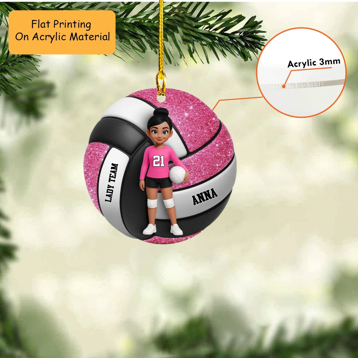 Personalized Girl Volleyball Christmas Ornament, Female Player On Glitter Volleyball Background, Custom Ornament Christmas Gift, Keychain Volleyball, Car Ornament Volleyball