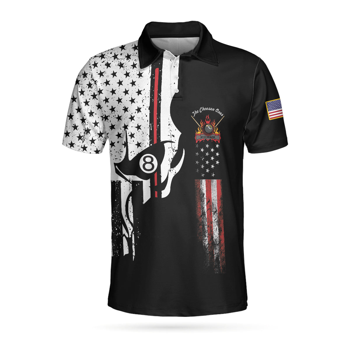 Men Polo Shirt - The Chosen Ones Skull Billiards Pool Polo Shirt, 8-ball Black And White Skull American Flag Billiards Shirt For Men