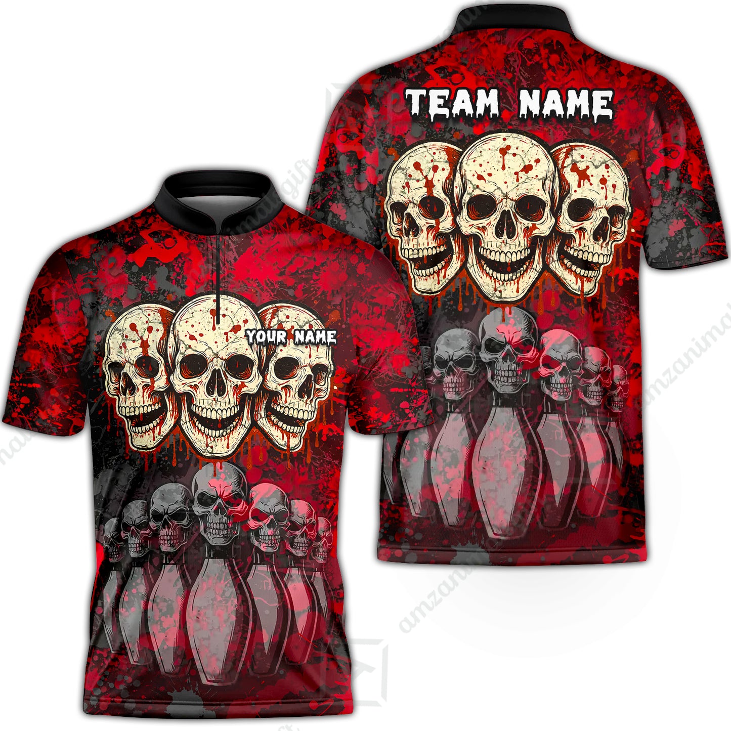 Custom Three Skulls with Red Blood Splash Bowling Team Shirt, Bowling uniforms, Bowling Shirt Personalized Name And Team Name