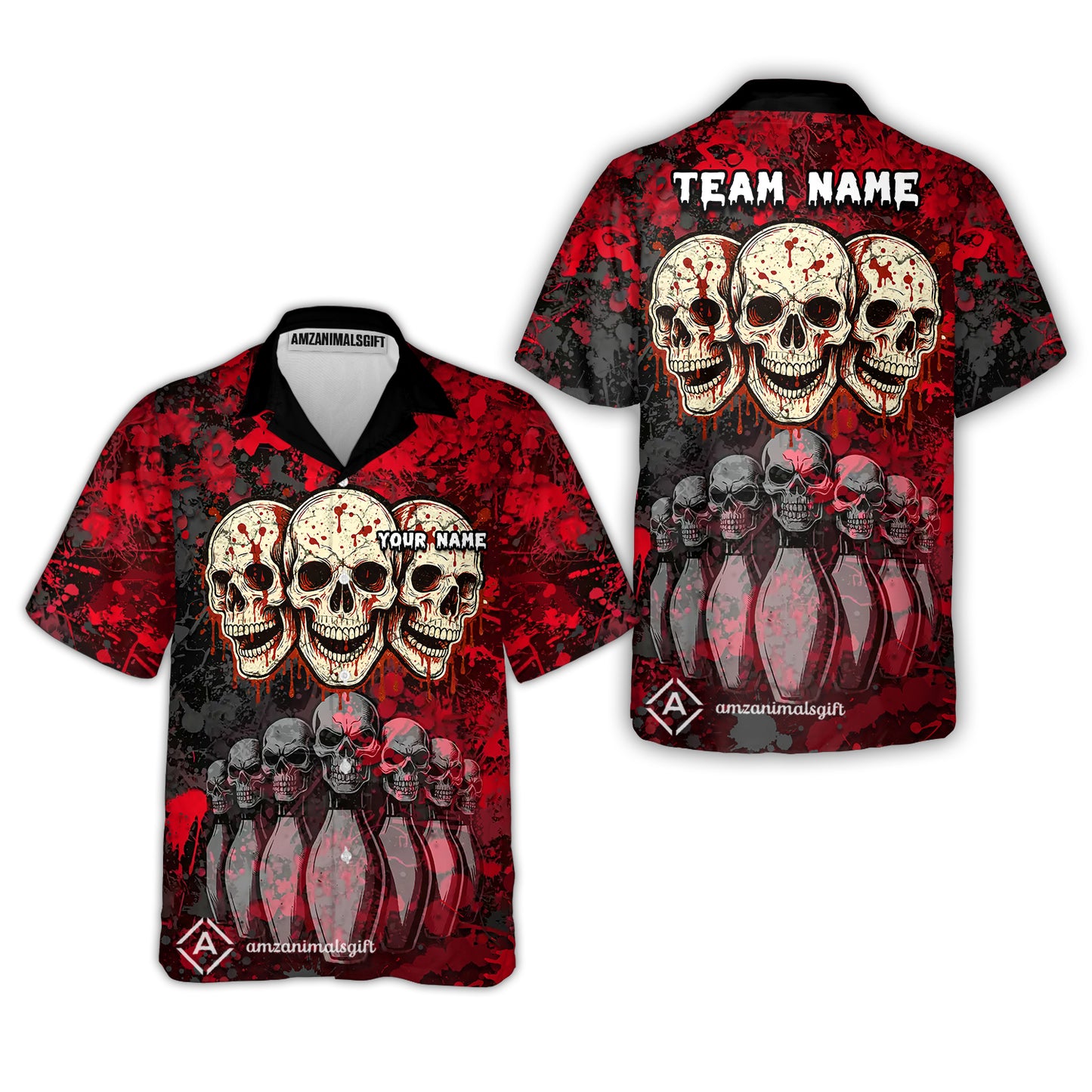Custom Three Skulls with Red Blood Splash Bowling Team Shirt, Bowling uniforms, Bowling Shirt Personalized Name And Team Name
