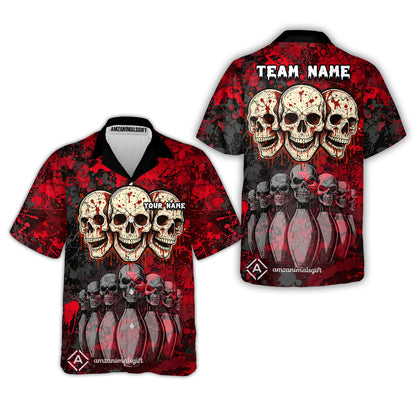 Custom Three Skulls with Red Blood Splash Bowling Team Shirt, Bowling uniforms, Bowling Shirt Personalized Name And Team Name