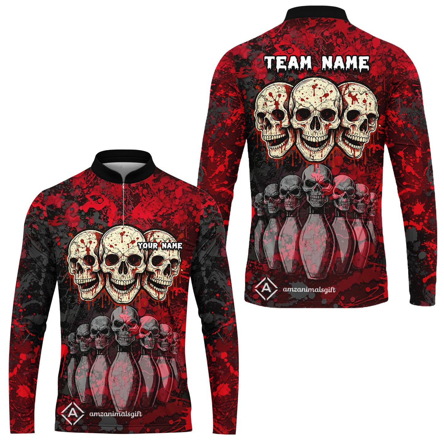 Custom Three Skulls with Red Blood Splash Bowling Team Shirt, Bowling uniforms, Bowling Shirt Personalized Name And Team Name