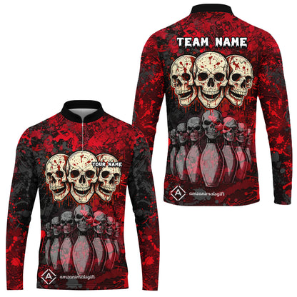 Custom Three Skulls with Red Blood Splash Bowling Team Shirt, Bowling uniforms, Bowling Shirt Personalized Name And Team Name