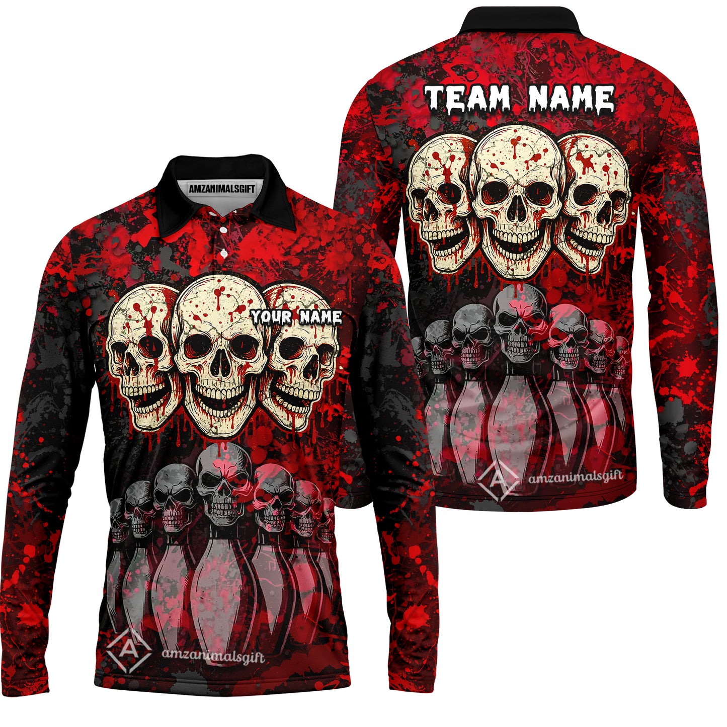 Custom Three Skulls with Red Blood Splash Bowling Team Shirt, Bowling uniforms, Bowling Shirt Personalized Name And Team Name