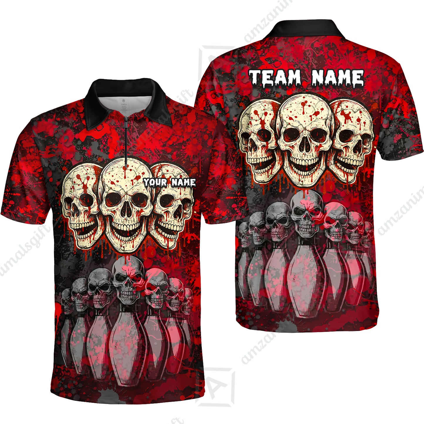Custom Three Skulls with Red Blood Splash Bowling Team Shirt, Bowling uniforms, Bowling Shirt Personalized Name And Team Name