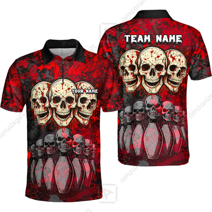 Custom Three Skulls with Red Blood Splash Bowling Team Shirt, Bowling uniforms, Bowling Shirt Personalized Name And Team Name