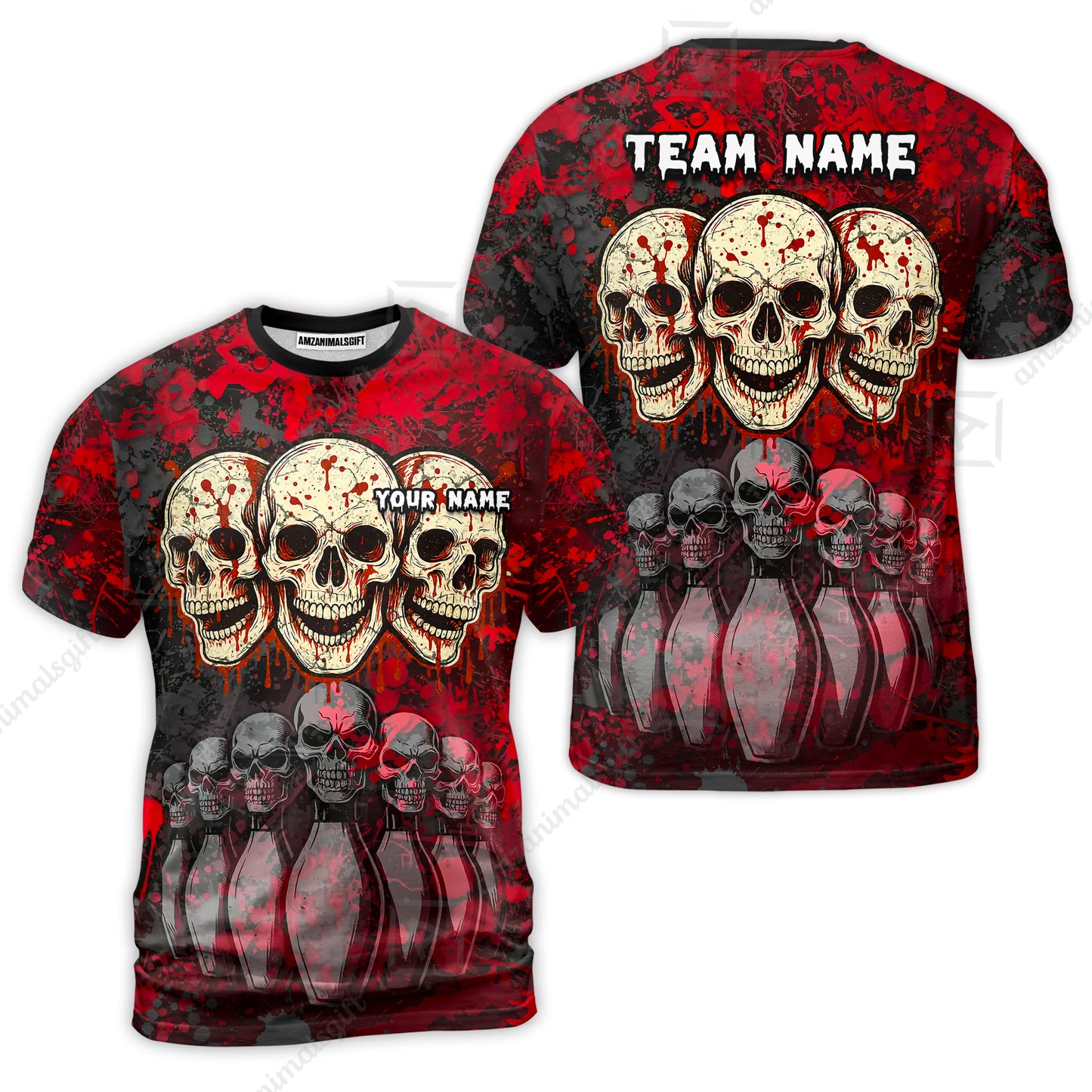 Custom Three Skulls with Red Blood Splash Bowling Team Shirt, Bowling uniforms, Bowling Shirt Personalized Name And Team Name