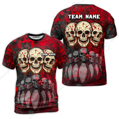 Custom Three Skulls with Red Blood Splash Bowling Team Shirt, Bowling uniforms, Bowling Shirt Personalized Name And Team Name
