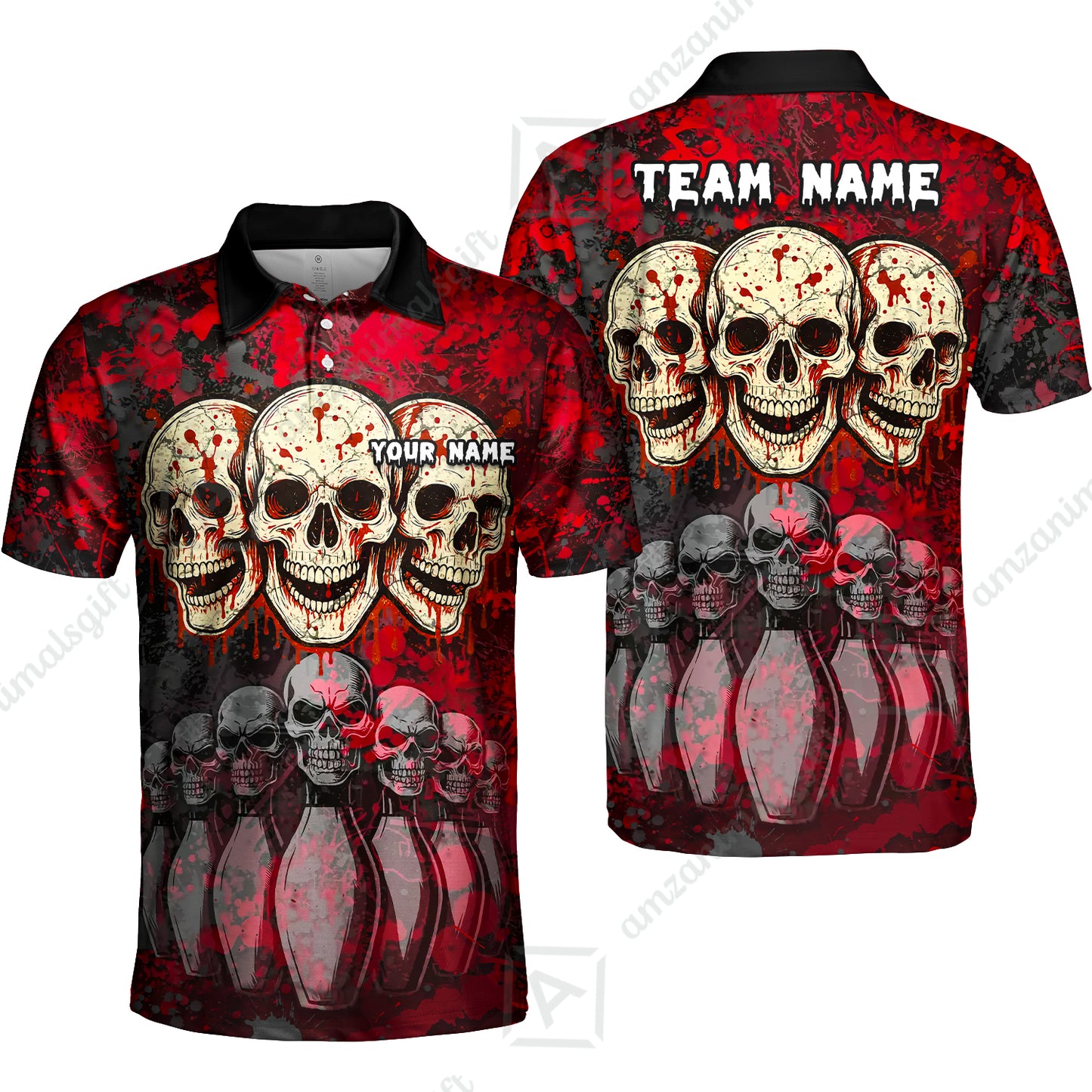 Custom Three Skulls with Red Blood Splash Bowling Team Shirt, Bowling uniforms, Bowling Shirt Personalized Name And Team Name