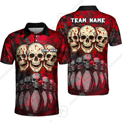 Custom Three Skulls with Red Blood Splash Bowling Team Shirt, Bowling uniforms, Bowling Shirt Personalized Name And Team Name