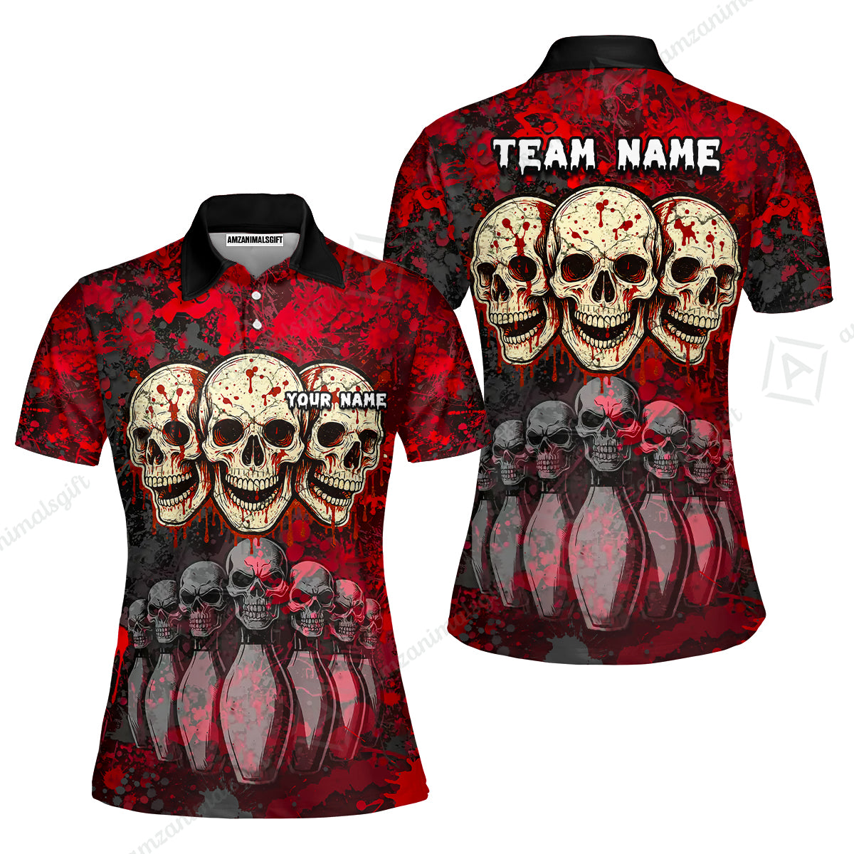 Custom Three Skulls with Red Blood Splash Bowling Team Shirt, Bowling uniforms, Bowling Shirt Personalized Name And Team Name