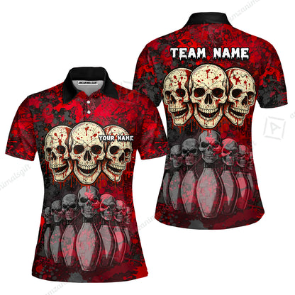 Custom Three Skulls with Red Blood Splash Bowling Team Shirt, Bowling uniforms, Bowling Shirt Personalized Name And Team Name