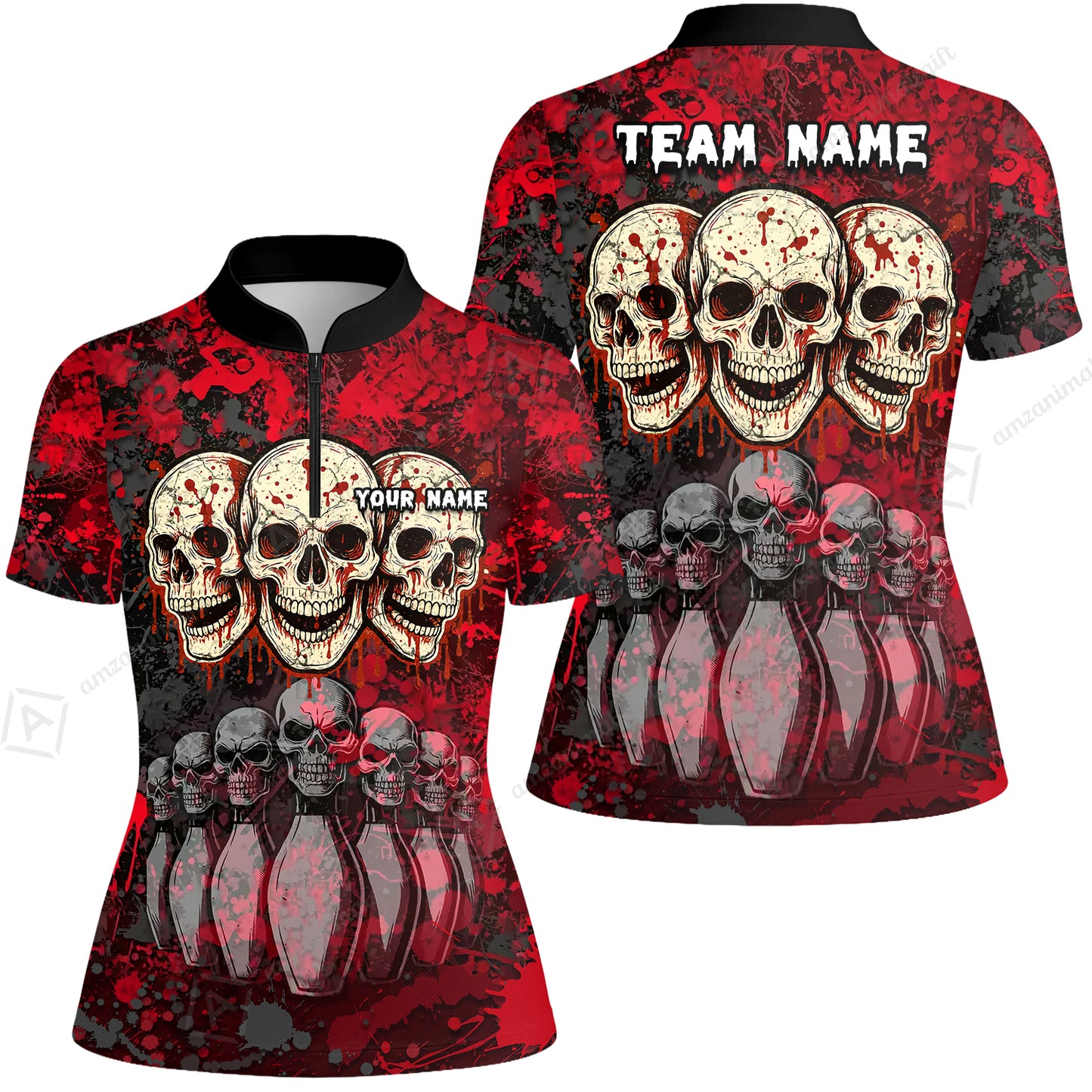 Custom Three Skulls with Red Blood Splash Bowling Team Shirt, Bowling uniforms, Bowling Shirt Personalized Name And Team Name