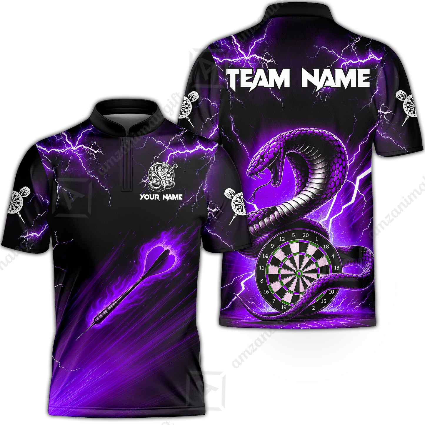 Customized Darts Stand Collar Quarter-Zip Shirt, Darts Thunder Lightning Cobra Snake Multicolor Jersey For Darts Player