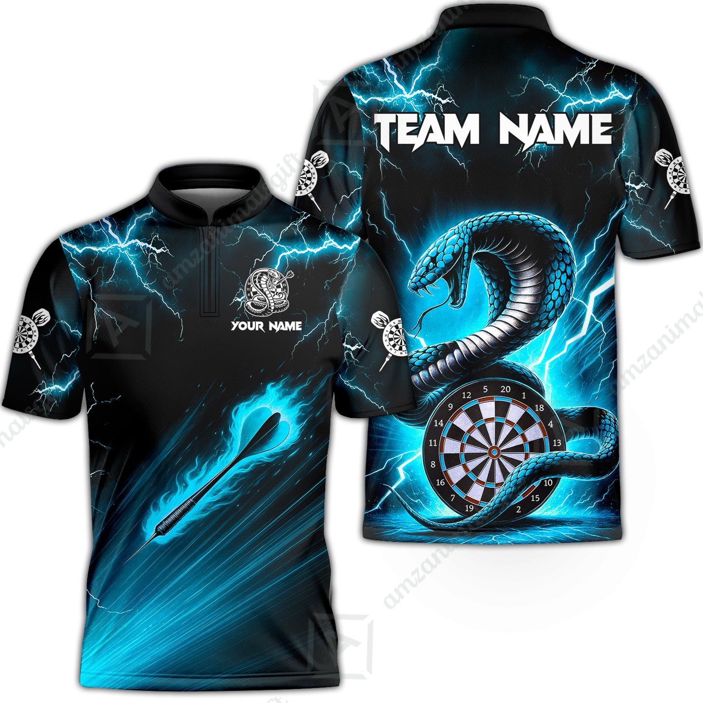 Customized Darts Stand Collar Quarter-Zip Shirt, Darts Thunder Lightning Cobra Snake Multicolor Jersey For Darts Player