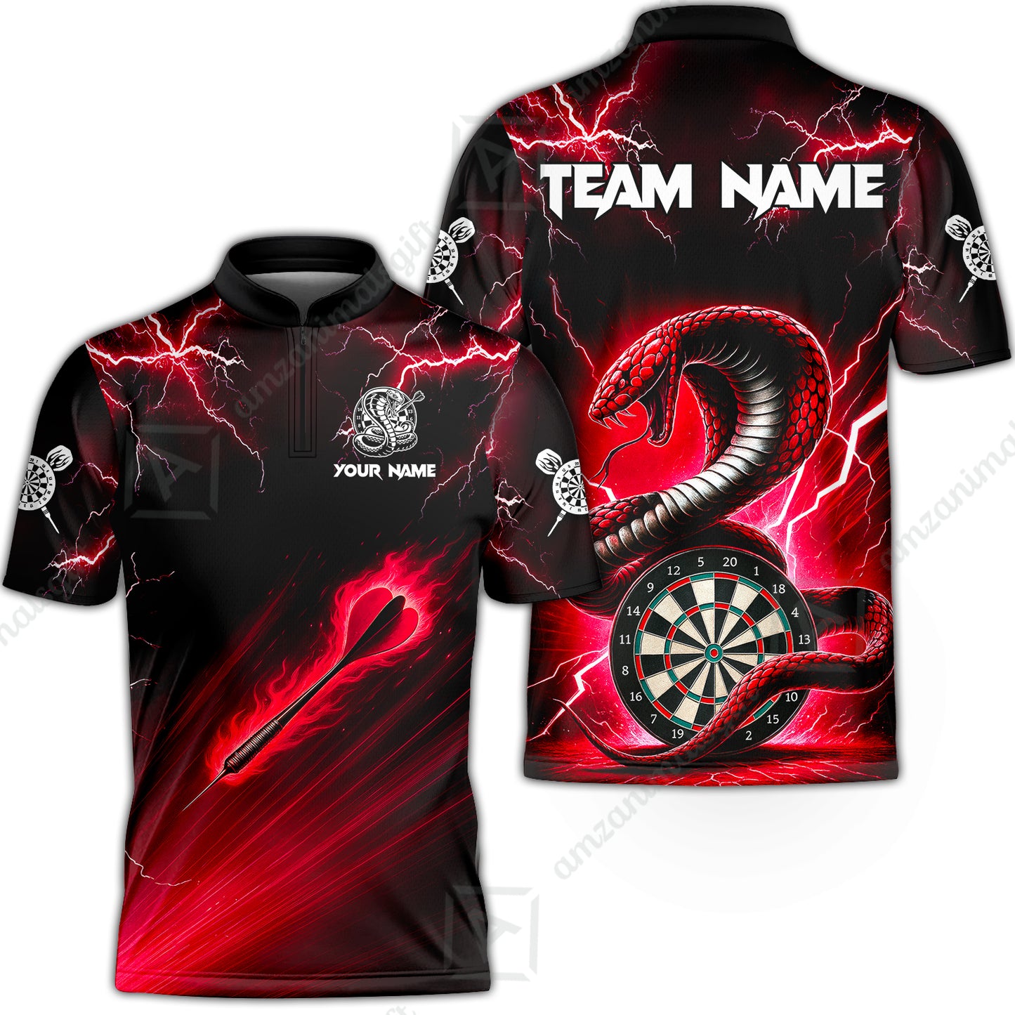 Customized Darts Stand Collar Quarter-Zip Shirt, Darts Thunder Lightning Cobra Snake Multicolor Jersey For Darts Player