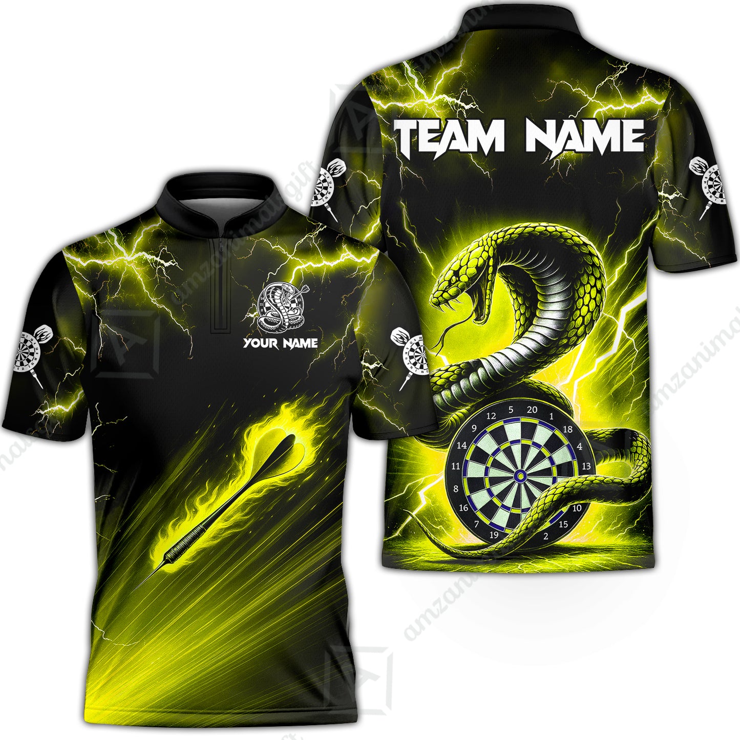 Customized Darts Stand Collar Quarter-Zip Shirt, Darts Thunder Lightning Cobra Snake Multicolor Jersey For Darts Player