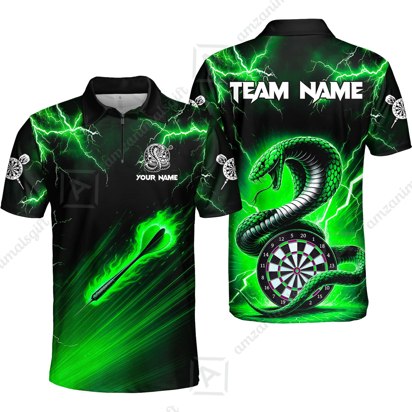 Customized Darts Quarter-Zip Polo Shirt, Darts Thunder Lightning Cobra Snake Dart Multicolor Jersey For Darts Player