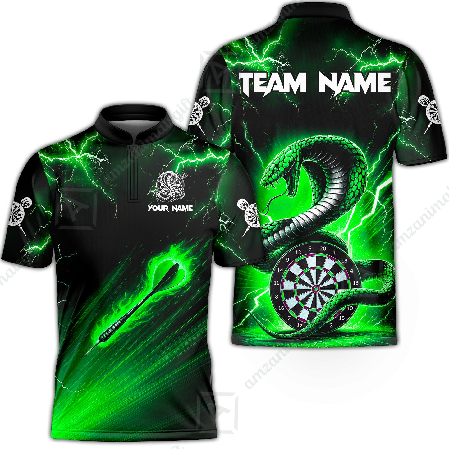 Customized Darts Stand Collar Quarter-Zip Shirt, Darts Thunder Lightning Cobra Snake Multicolor Jersey For Darts Player