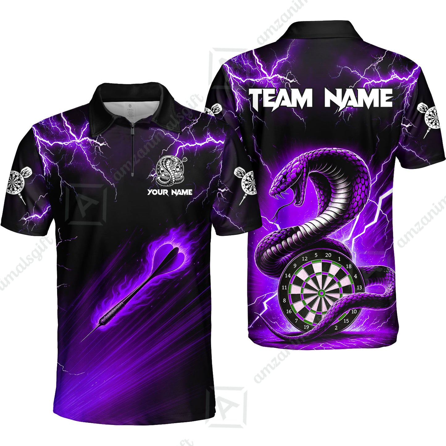 Customized Darts Quarter-Zip Polo Shirt, Darts Thunder Lightning Cobra Snake Dart Multicolor Jersey For Darts Player