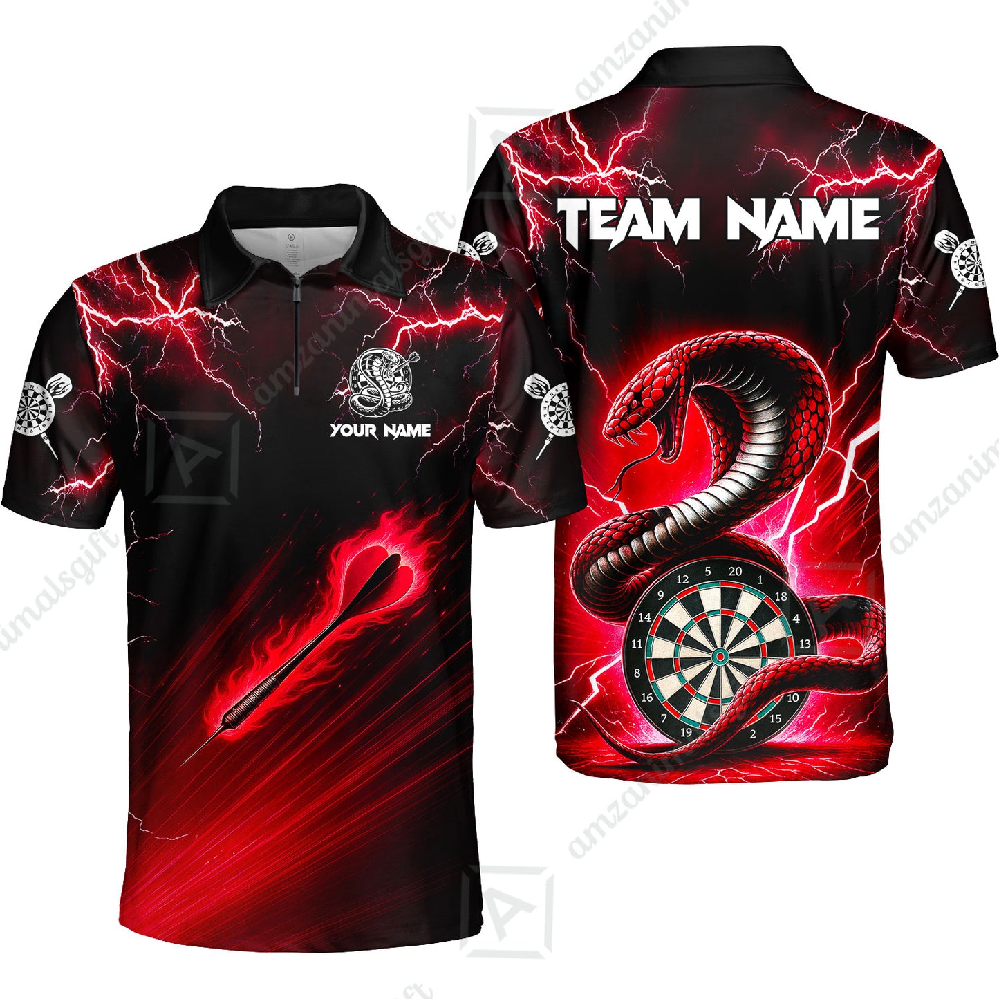 Customized Darts Quarter-Zip Polo Shirt, Darts Thunder Lightning Cobra Snake Dart Multicolor Jersey For Darts Player
