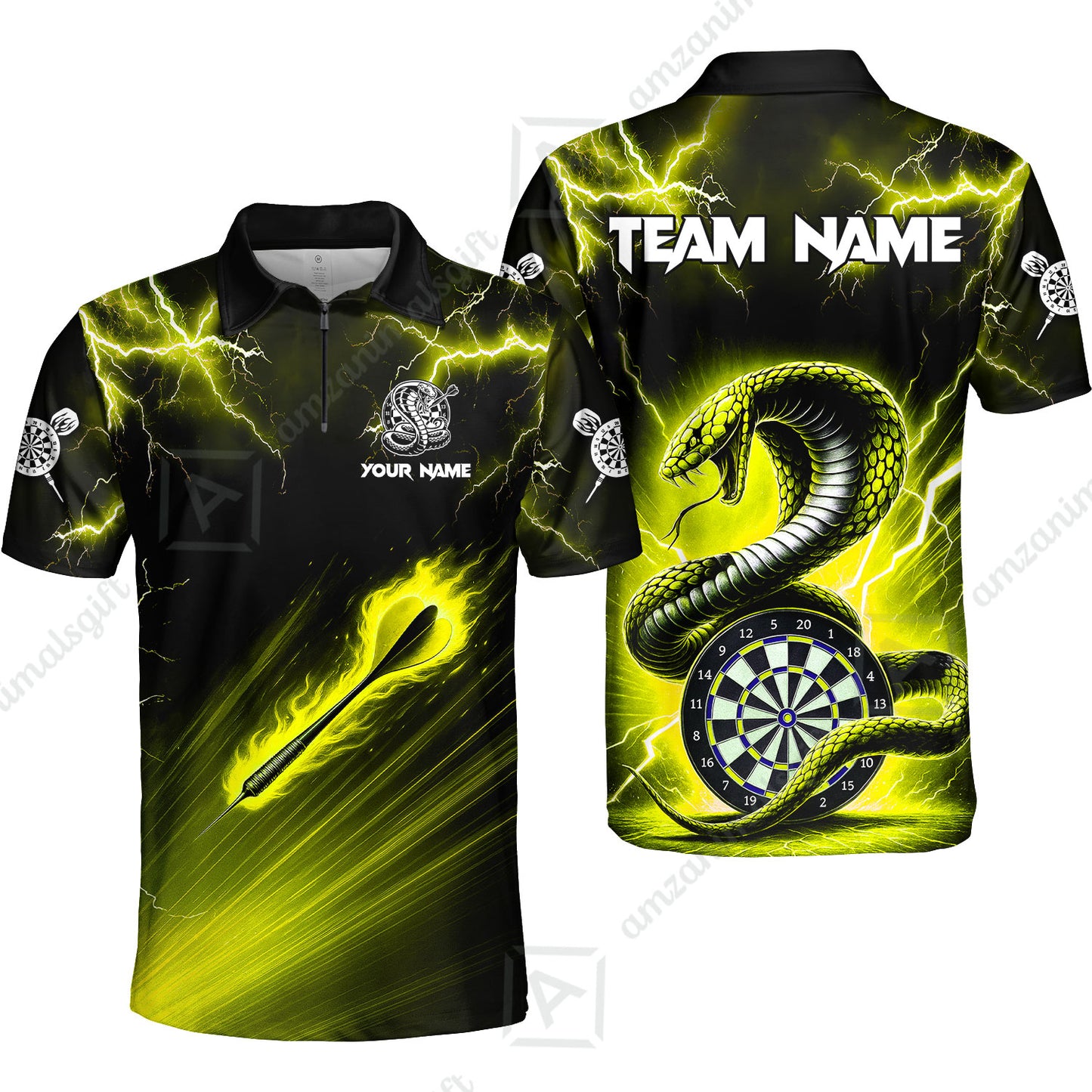 Customized Darts Quarter-Zip Polo Shirt, Darts Thunder Lightning Cobra Snake Dart Multicolor Jersey For Darts Player