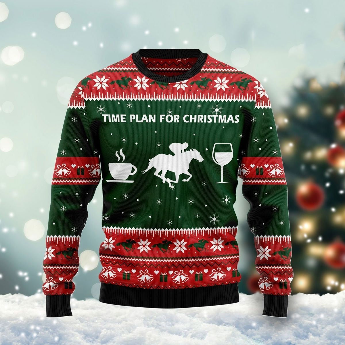 Horse Racing Wine Coffee Time Plan For Ugly Christmas Sweater, Perfect Gift and Outfit For Horse Racing On Christmas, Winter, New Year