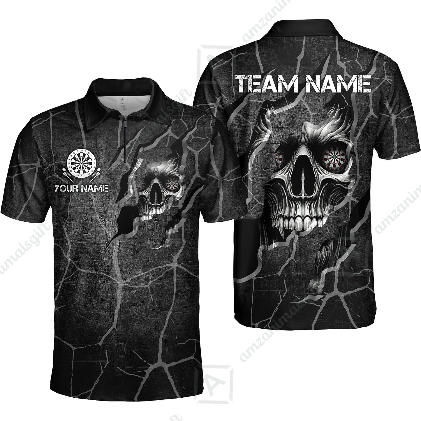 Customized Darts Quarter-Zip Polo Shirt, Torn-Up Skull Dartboard Eyes Darts Zip Polo Team Style Jersey for Darts Players