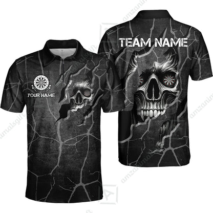Customized Darts Quarter-Zip Polo Shirt, Torn-Up Skull Dartboard Eyes Darts Zip Polo Team Style Jersey for Darts Players