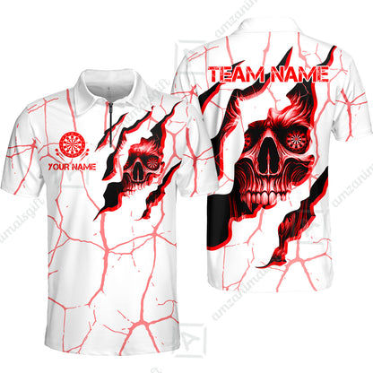 Customized Darts Quarter-Zip Polo Shirt, Torn-Up Skull Dartboard Eyes Darts Zip Polo Team Style Jersey for Darts Players