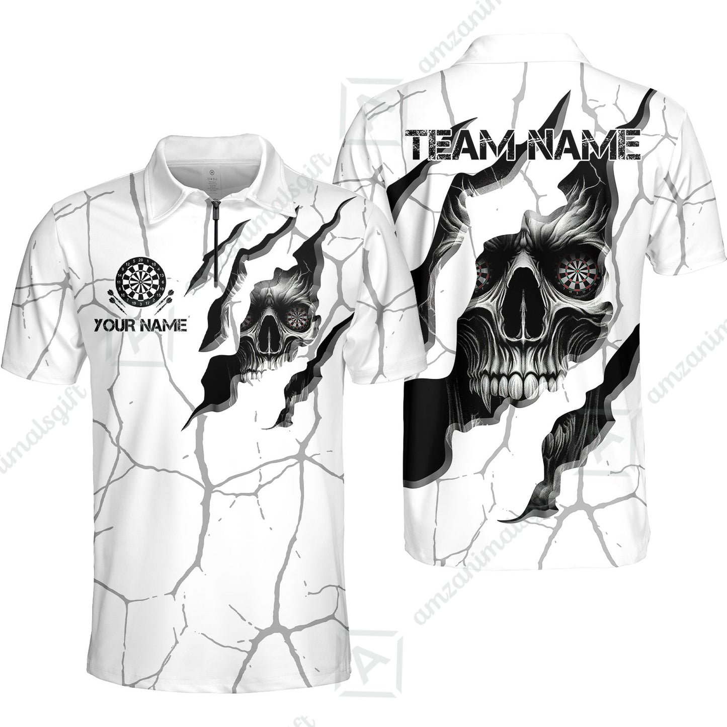 Customized Darts Quarter-Zip Polo Shirt, Torn-Up Skull Dartboard Eyes Darts Zip Polo Team Style Jersey for Darts Players