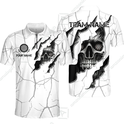 Customized Darts Quarter-Zip Polo Shirt, Torn-Up Skull Dartboard Eyes Darts Zip Polo Team Style Jersey for Darts Players