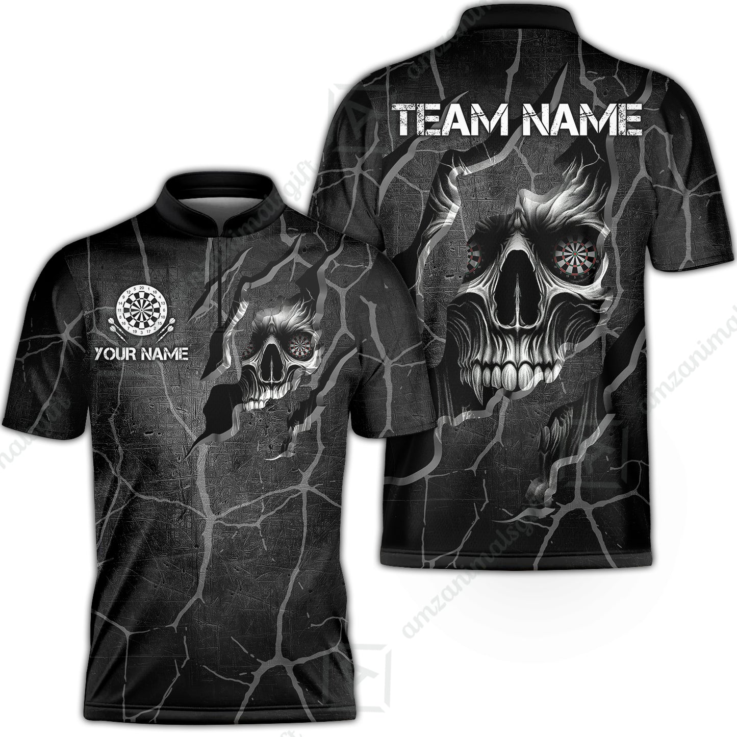 Customized Darts Stand Collar Quarter-Zip Shirt, Torn-Up Skull Dartboard Eyes Darts Team Style Jersey for Darts Players