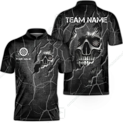Customized Darts Stand Collar Quarter-Zip Shirt, Torn-Up Skull Dartboard Eyes Darts Team Style Jersey for Darts Players