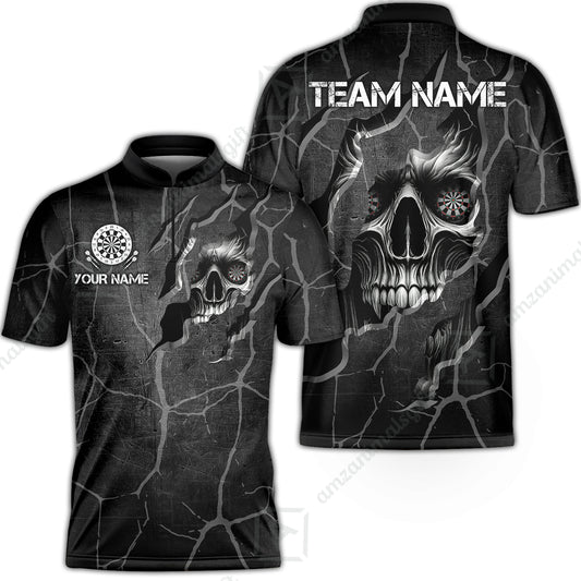 Customized Darts Stand Collar Quarter-Zip Shirt, Torn-Up Skull Dartboard Eyes Darts Team Style Jersey for Darts Players